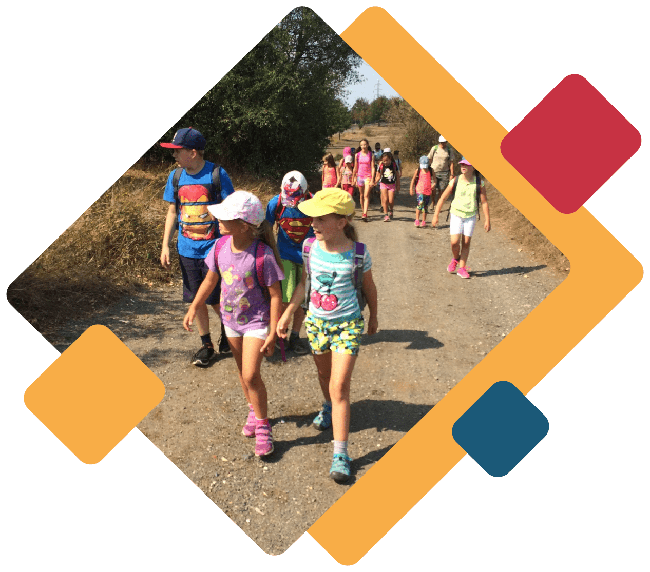Děti jsou na procházce na anglickém příměstském sportovním táboře